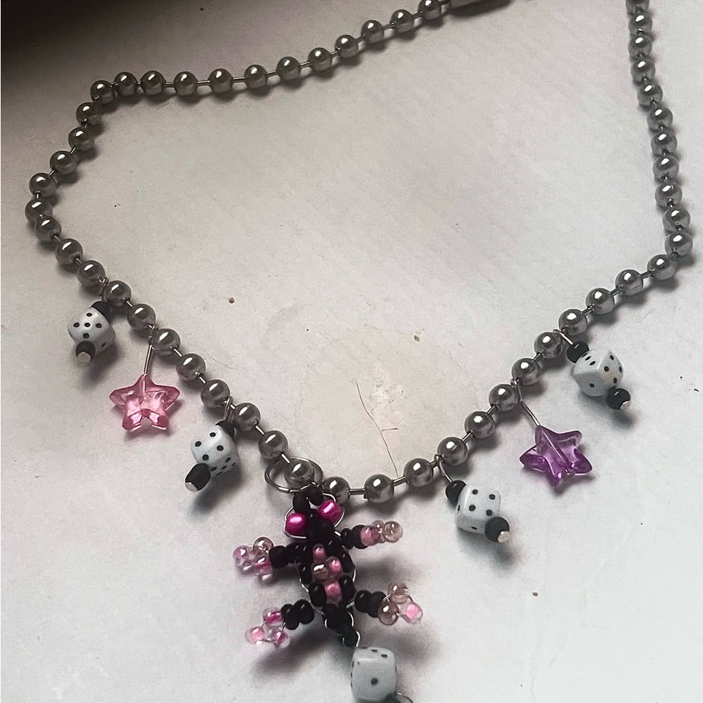 Beaded Necklace with Pink and Purple Charms